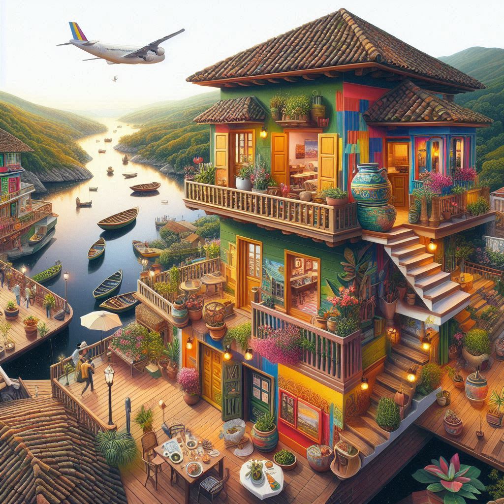 dame una imagen representativa de colombia, que combine su arquitectura en casas, sus colores y comi